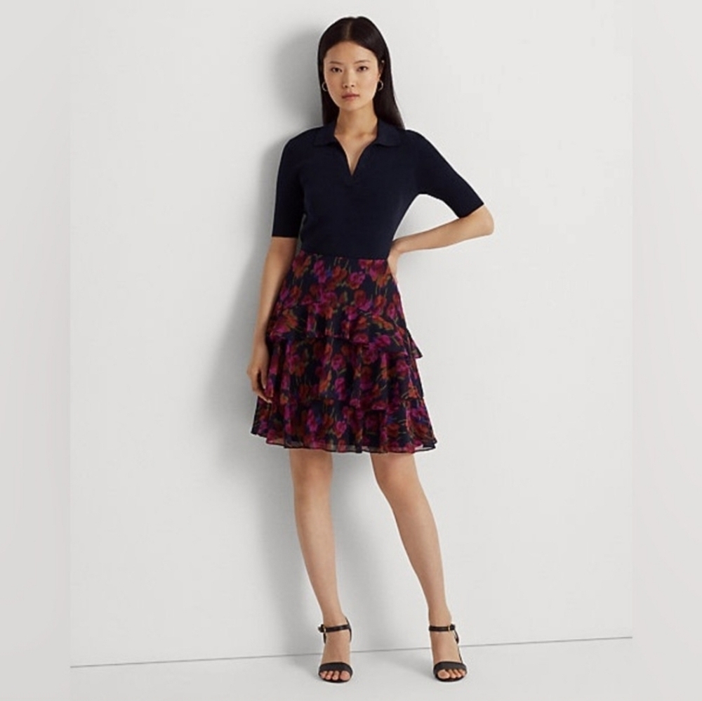 Lauren Ralph Lauren Floral Crinkle Georgette Tiered Skirt, Blue, Size 2 NWOT